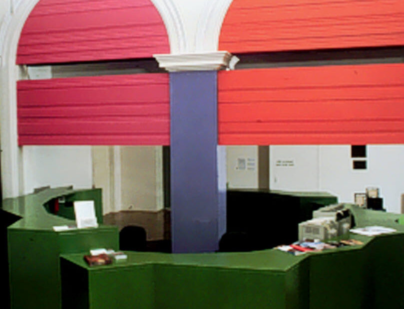 Nuha Saad Victory Ace 2001 (Orange and Pink), Acrylic on skirting board, approx.  240 x 2430 x 40 cm