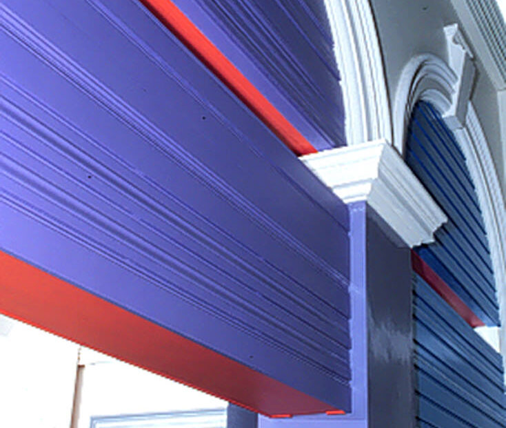 Nuha Saad Victory Ace 2001 (Purple and Blue), Acrylic on skirting board, approx.  240 x 2430 x 40 cm
